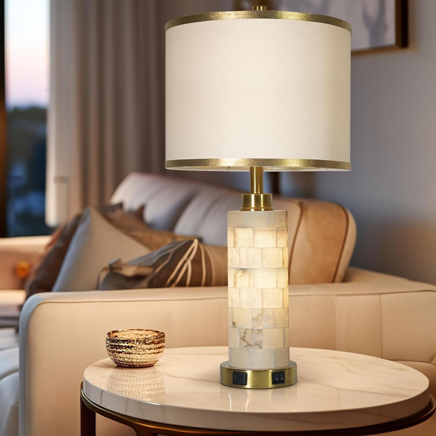 Set of 2 Natural Alabaster Table Lamps with USB Charging & Night Light