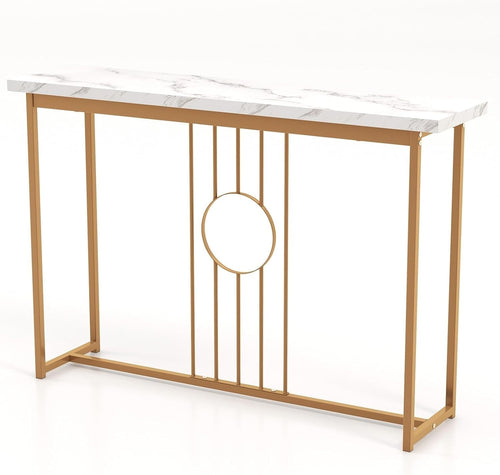 Slim Faux Marble Console Table with Gold Frame, Anti-Tip Safety