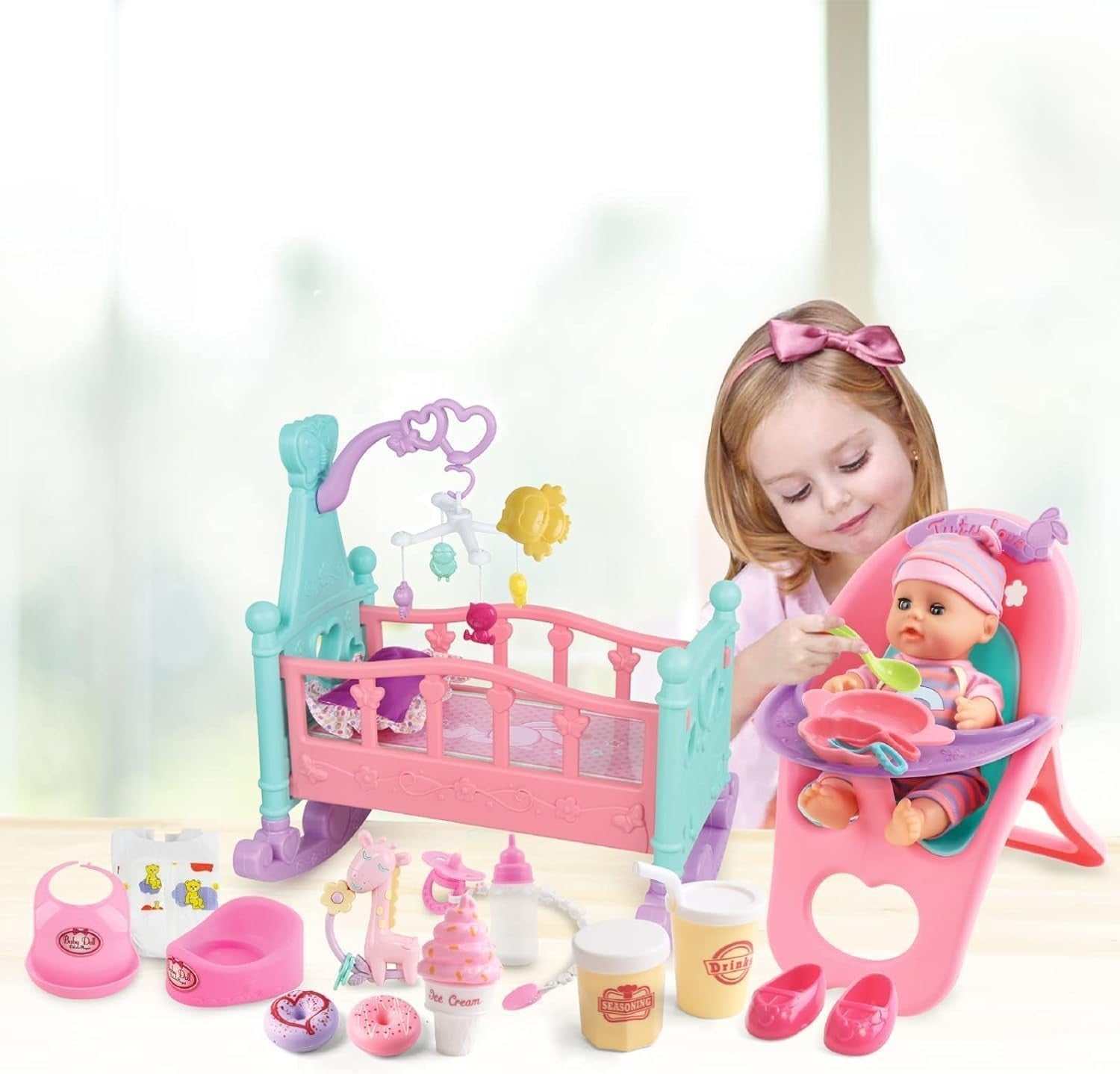 My First Baby Doll Playset w Crib High Chair Feeding Accessories