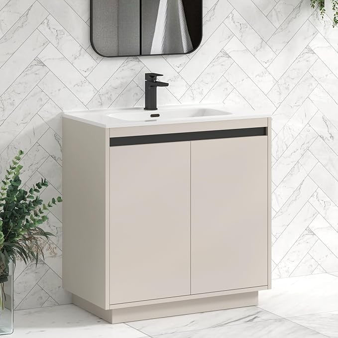 800mm Beige Floor Standing Vanity Unit with Basin Sink 2 Door Bathroom Cabinet