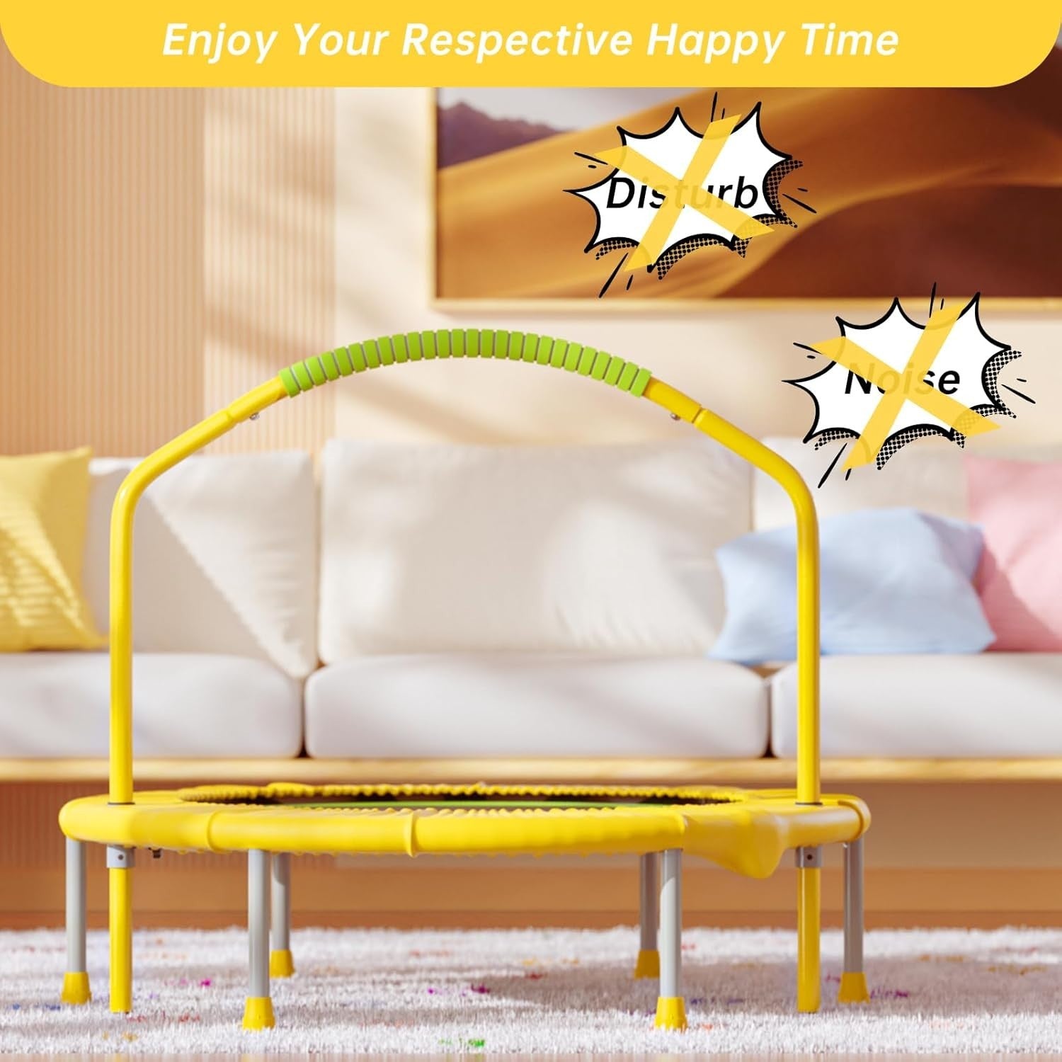 Yellow 38in Indoor Workout Trampoline Quiet Rebounder Handle 220LB