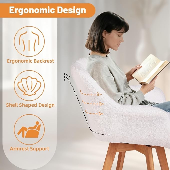 Boucle Swivel Accent Armchair Vanity Makeup Chair White Wood Legs