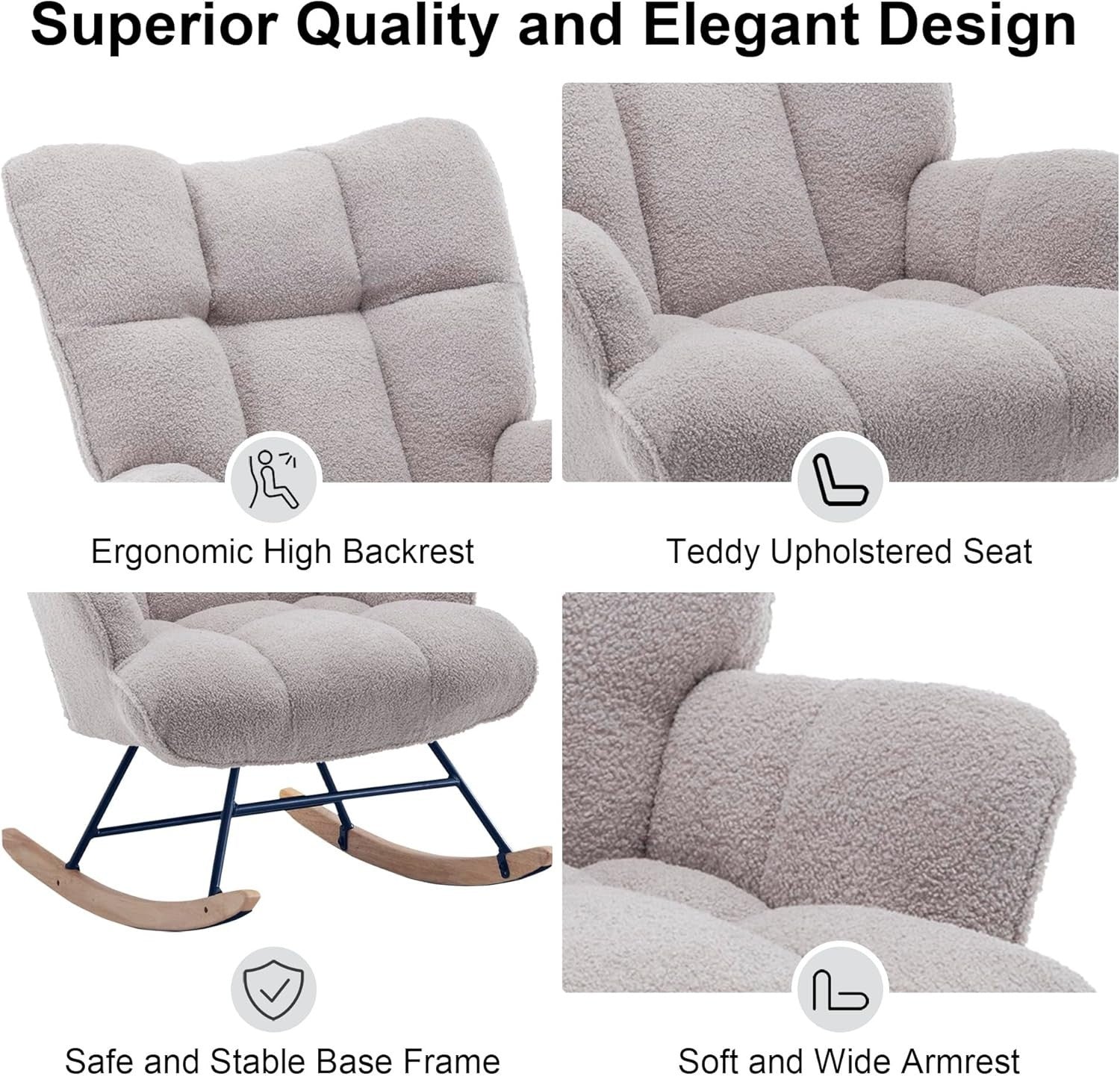 Rocking Chair Nursery Glider Comfy Armchair High Back Padded Seat Grey Teddy