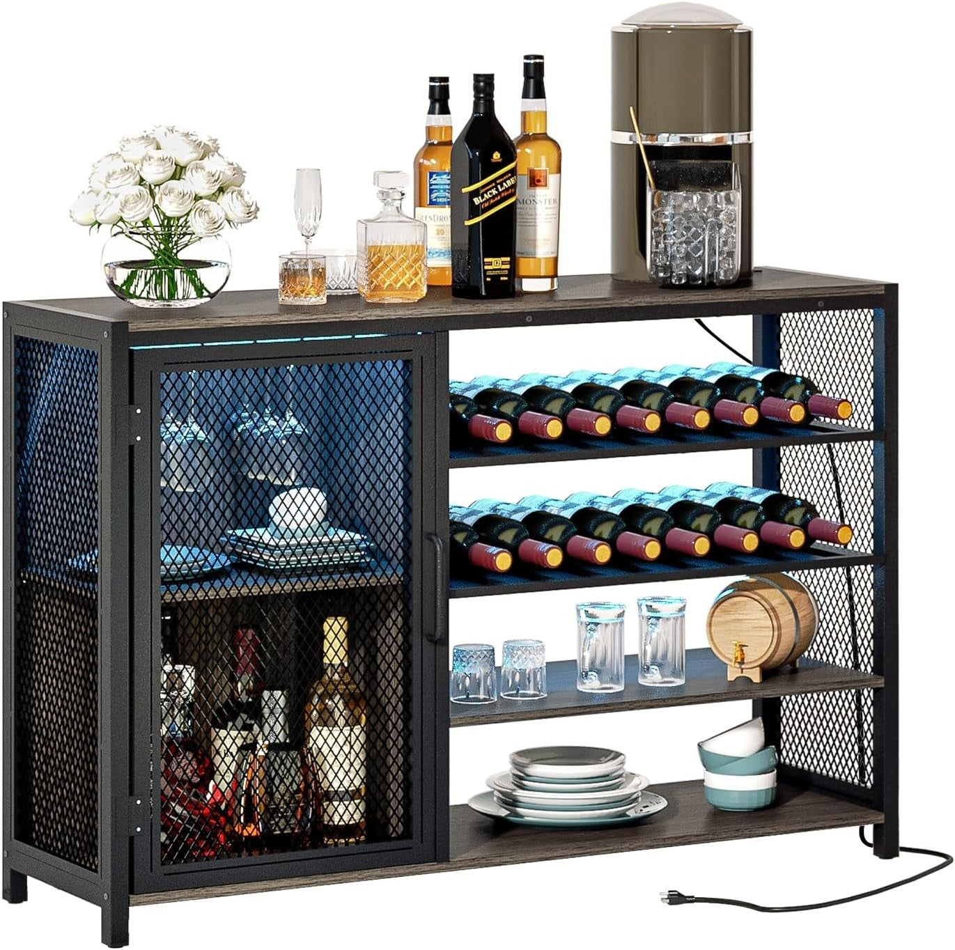 LED Home Bar Cabinet with Power Outlets, Wine Rack & Glass Holder
