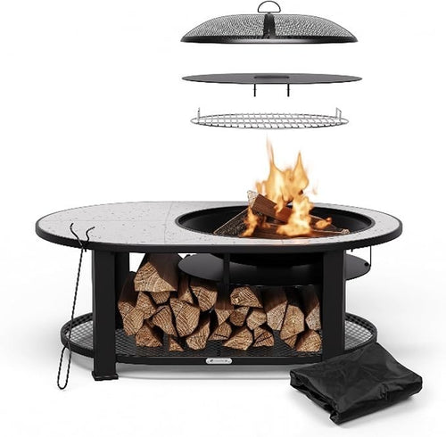 3-in-1 Fire Pit BBQ Table Outdoor Terrazzo Design Heat Shield Spark Guard