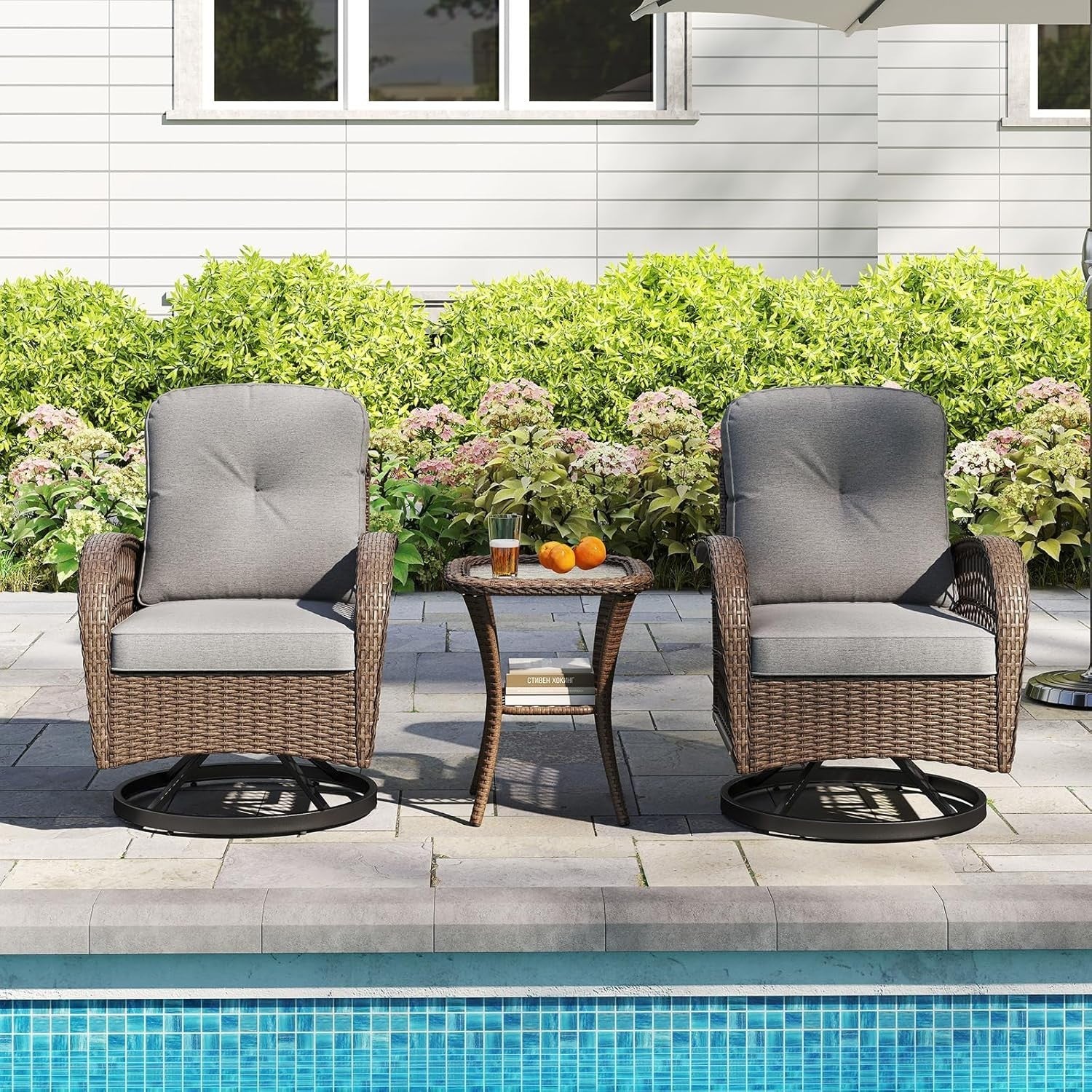360° Swivel Rattan Patio Chairs Set w/Table Cushions Outdoor Garden