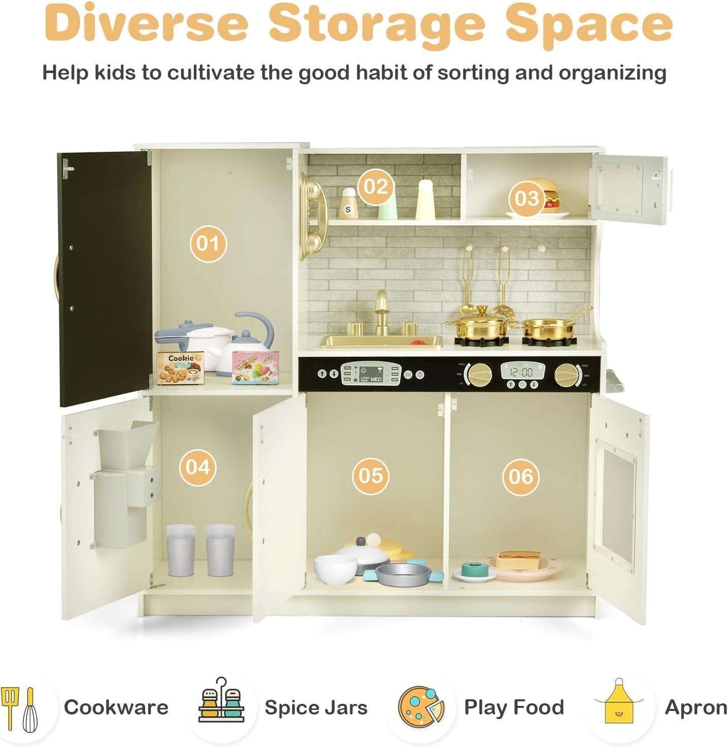 Kids Wooden Play Kitchen w/ Ice Maker Chalkboard Yellow Toy