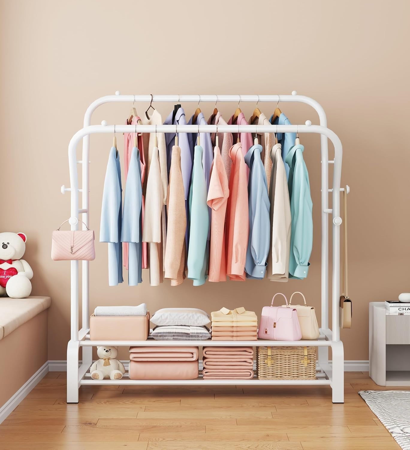 Heavy Duty Double Clothes Rail with Shelf & Hooks – White