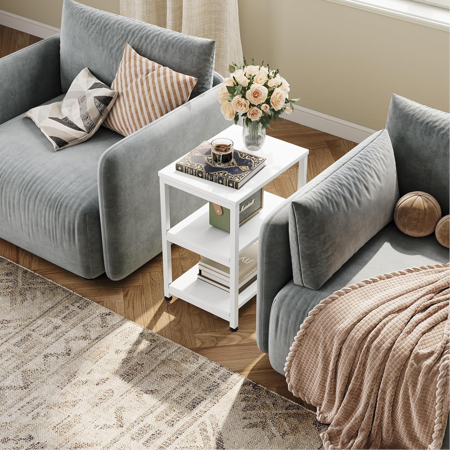 Slim 3-Tier White Side Table – Narrow Bedside, Sofa or End Table Storage