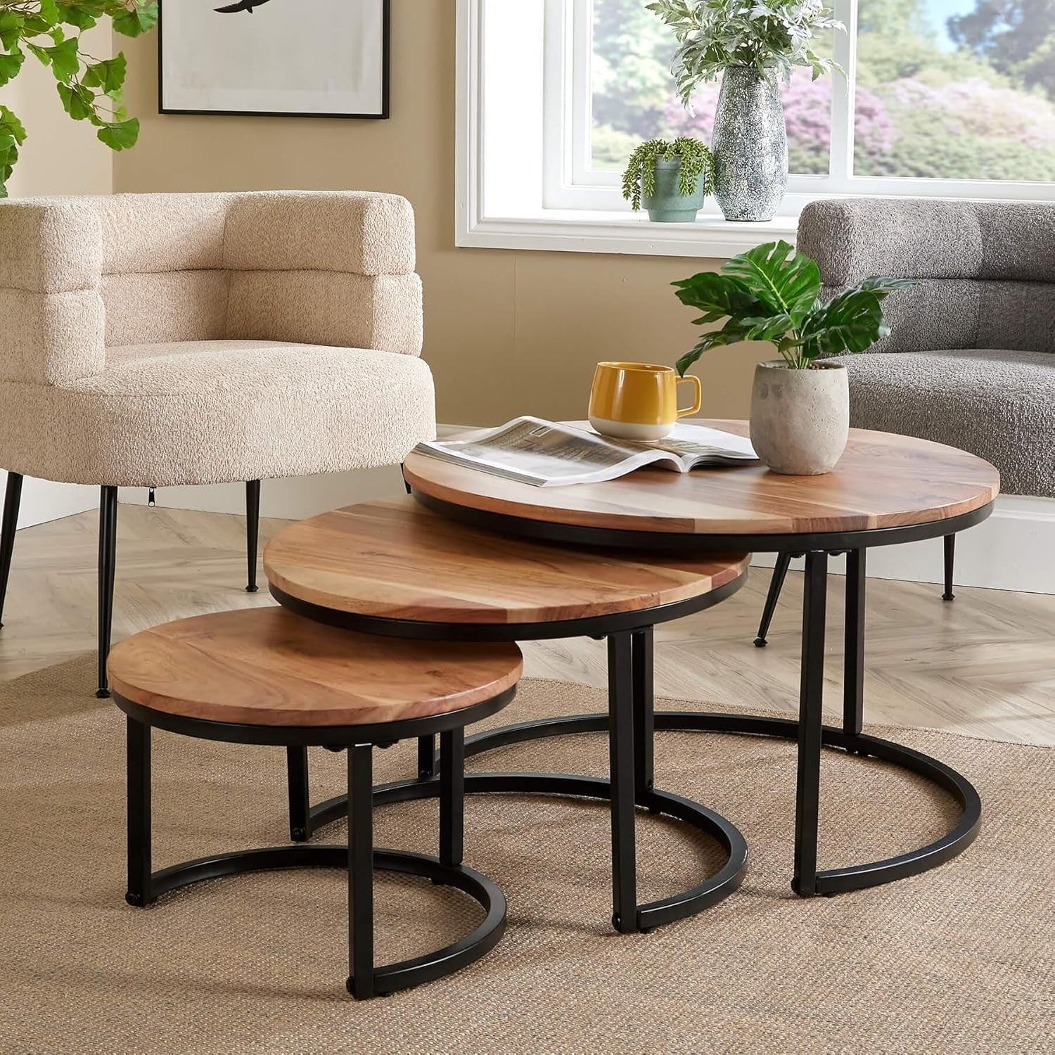 Nest of Tables 3PC Coffee Side End Round Industrial Wood Metal Living Room
