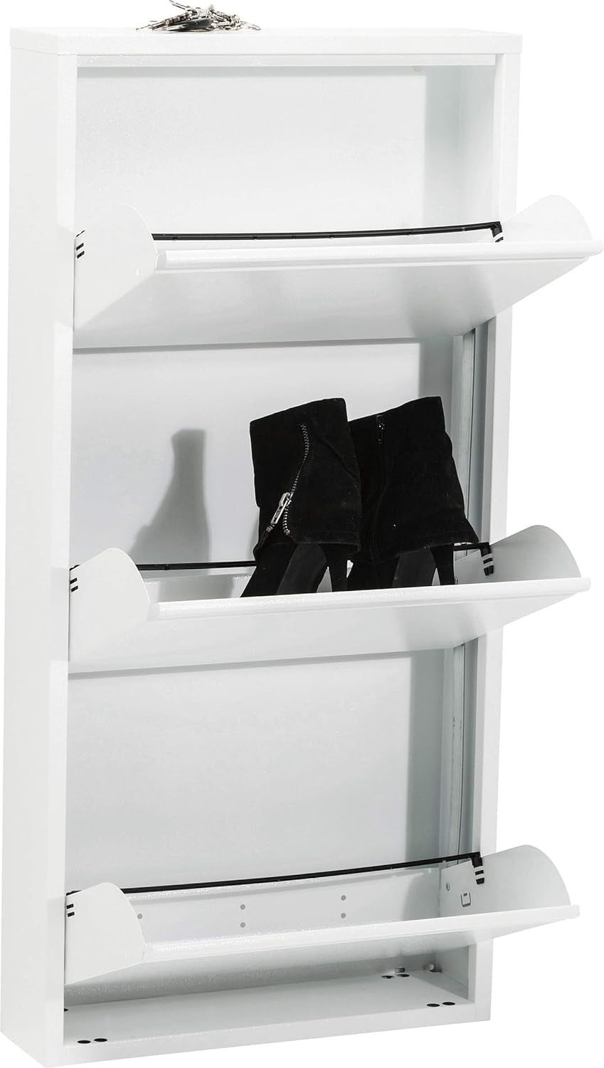 Slim 3-Tier Steel Shoe Cabinet with Tilt Compartments, Space-Saving Design