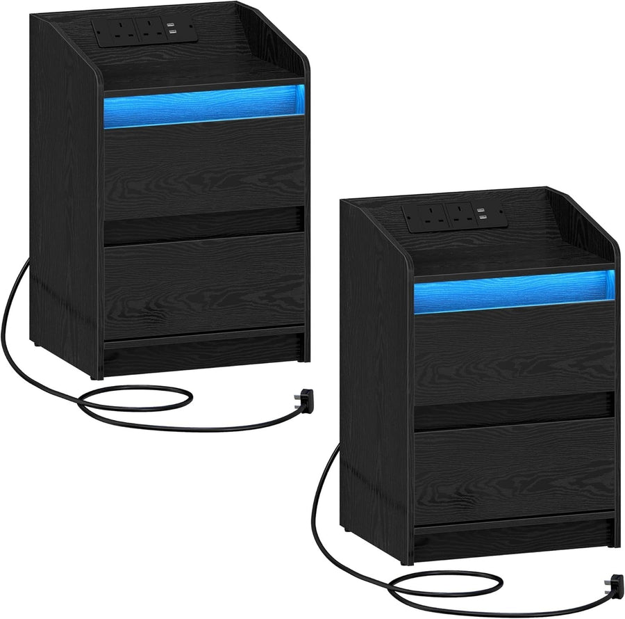 LED Bedside Tables Set of 2 with USB Ports & Power Outlets – Modern Nightstands