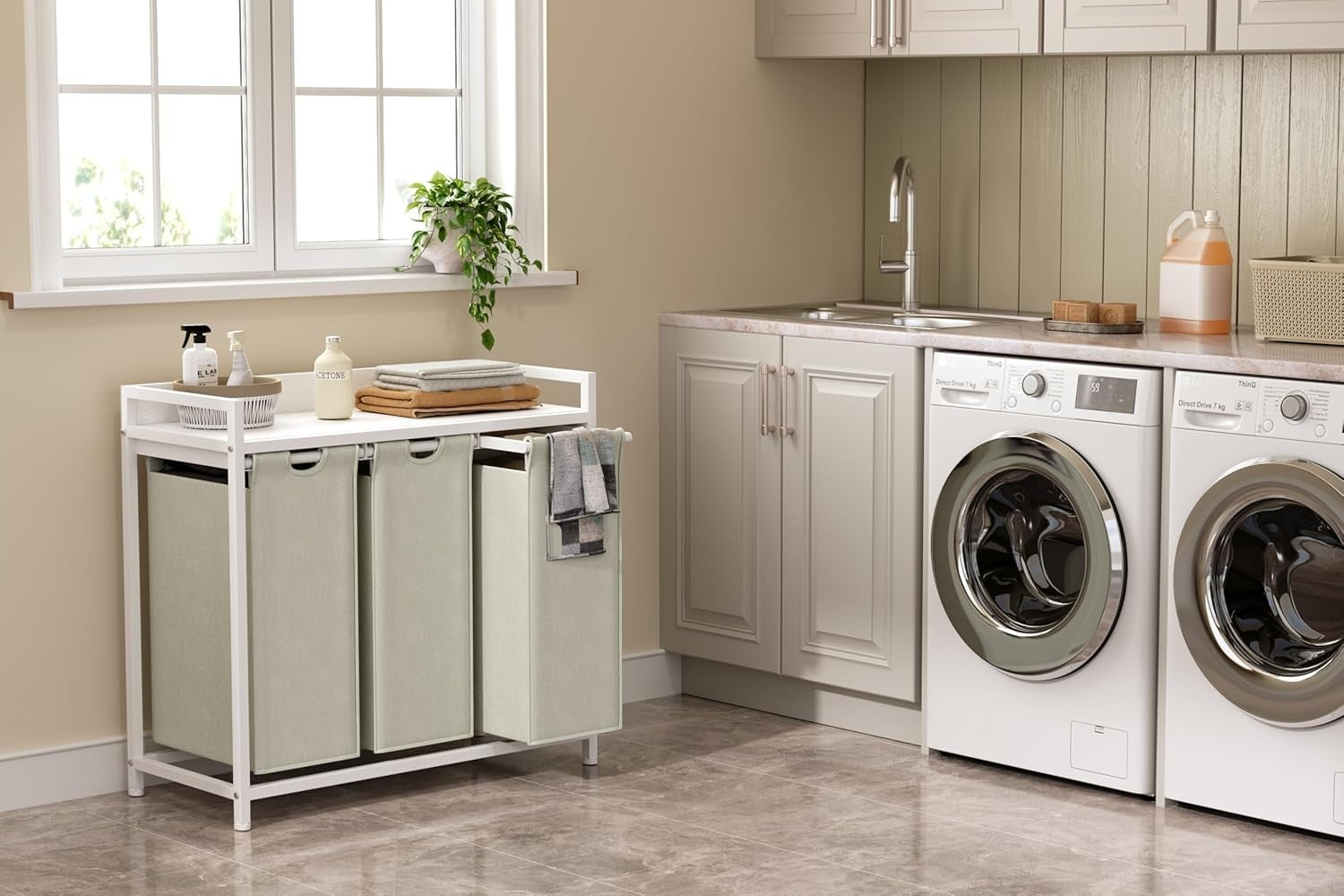 3 Section Laundry Basket with Shelf White Removable Bags Wheels 180L Modern