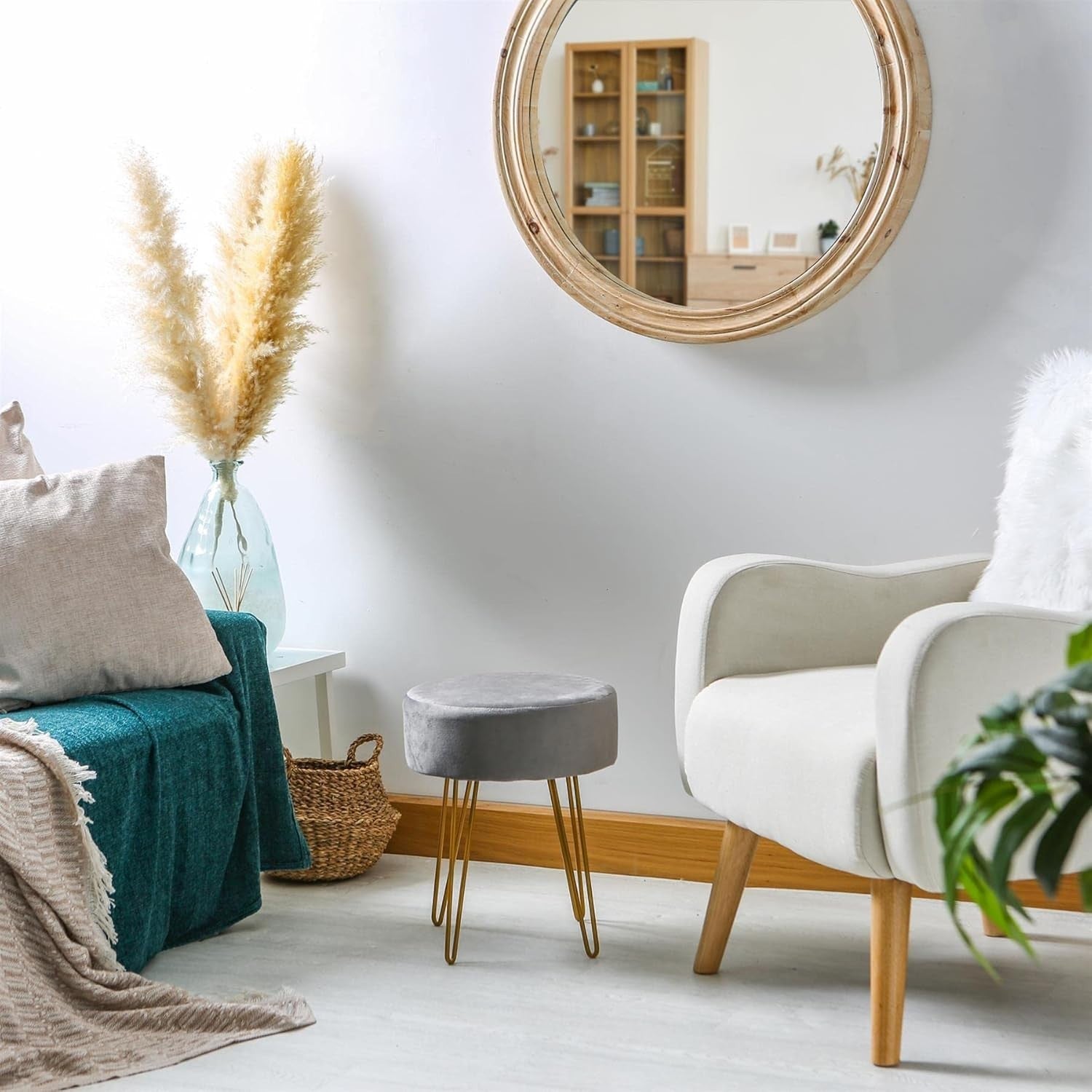 Set of 2 Grey Velvet Footstools Gold Legs Modern Round Pouffe Seats