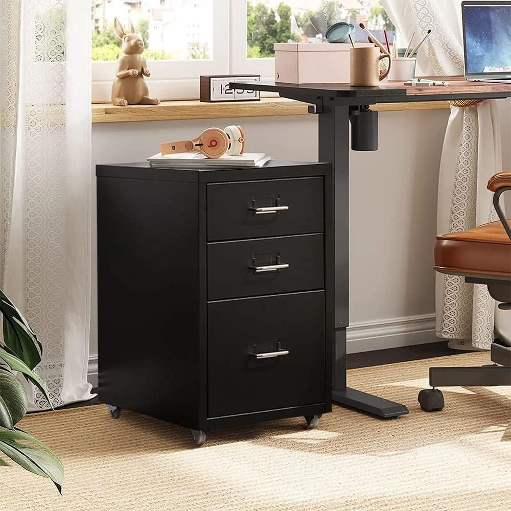 Black Desktop Filing Cabinet 3 Drawer 48cm Rolling Metal Storage