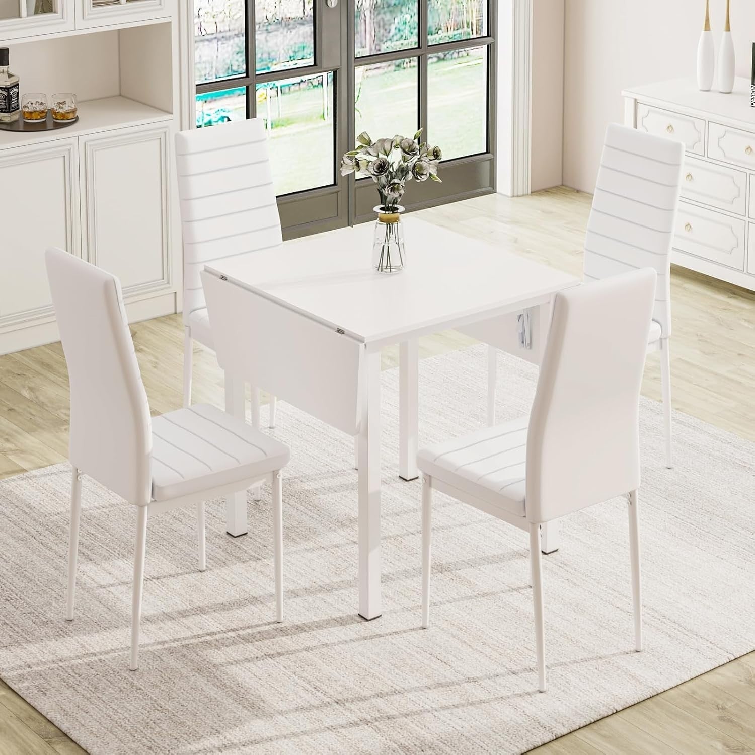 Drop Leaf Dining Table & 4 High Back Chairs, Space-Saving, Modern Design
