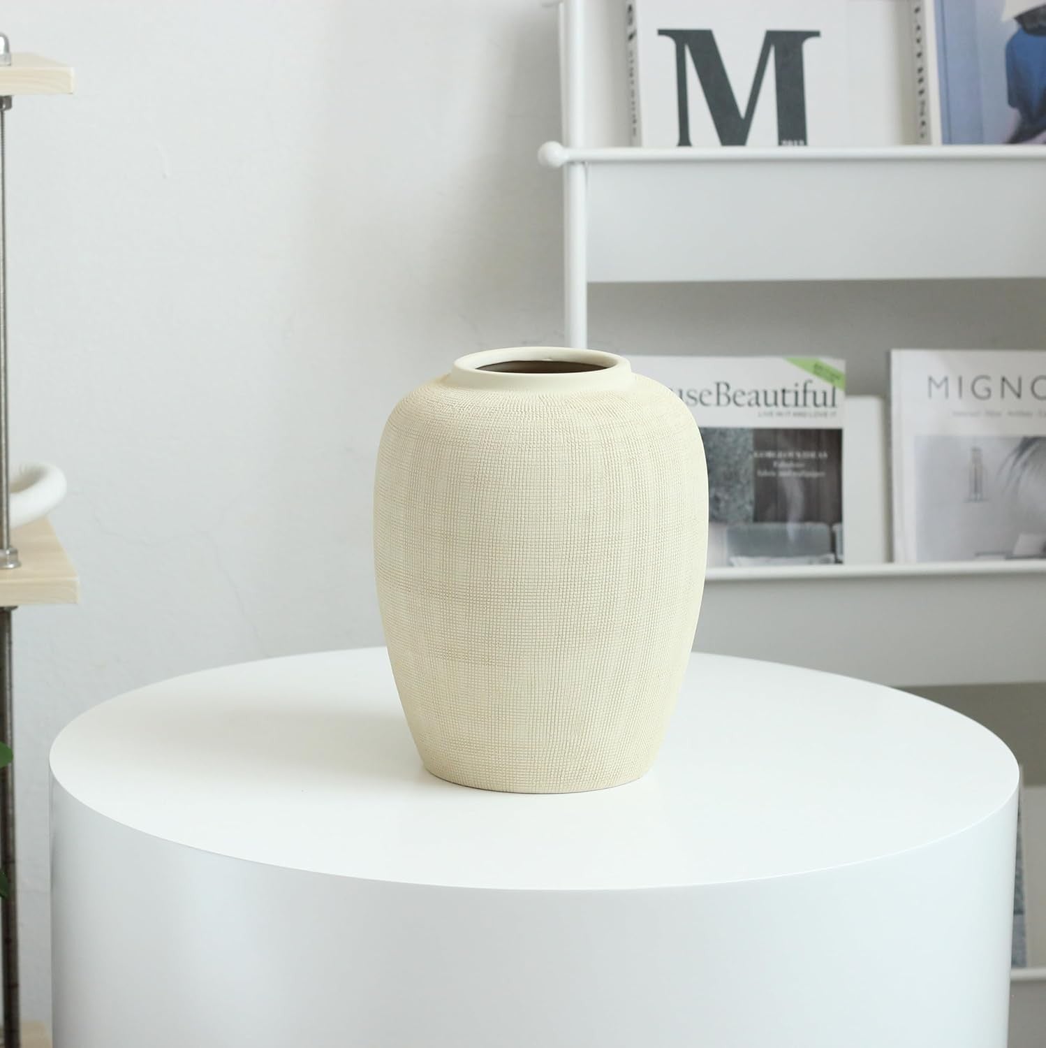 Beige Ceramic Vase 25cm Modern Round Flower Vase Home Decor Centerpiece