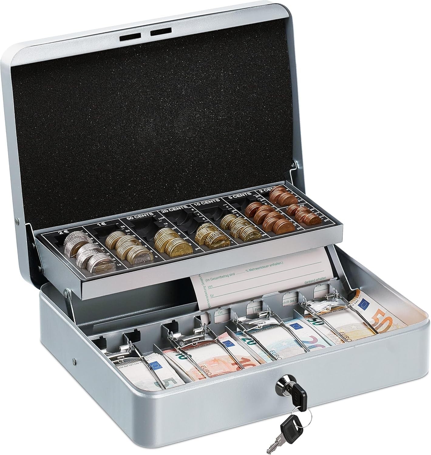 Lockable Cash Box Coin Counter Tray Money Storage Case Silver Steel