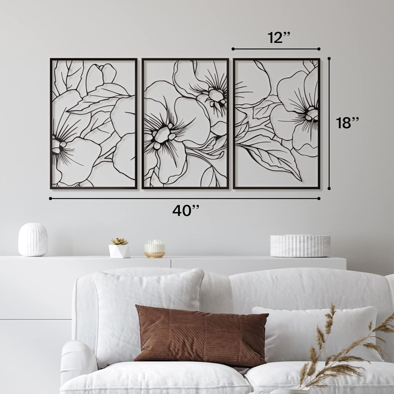 Black Minimalist Floral Wall Art 18x12in 3-Pack Metal Decor
