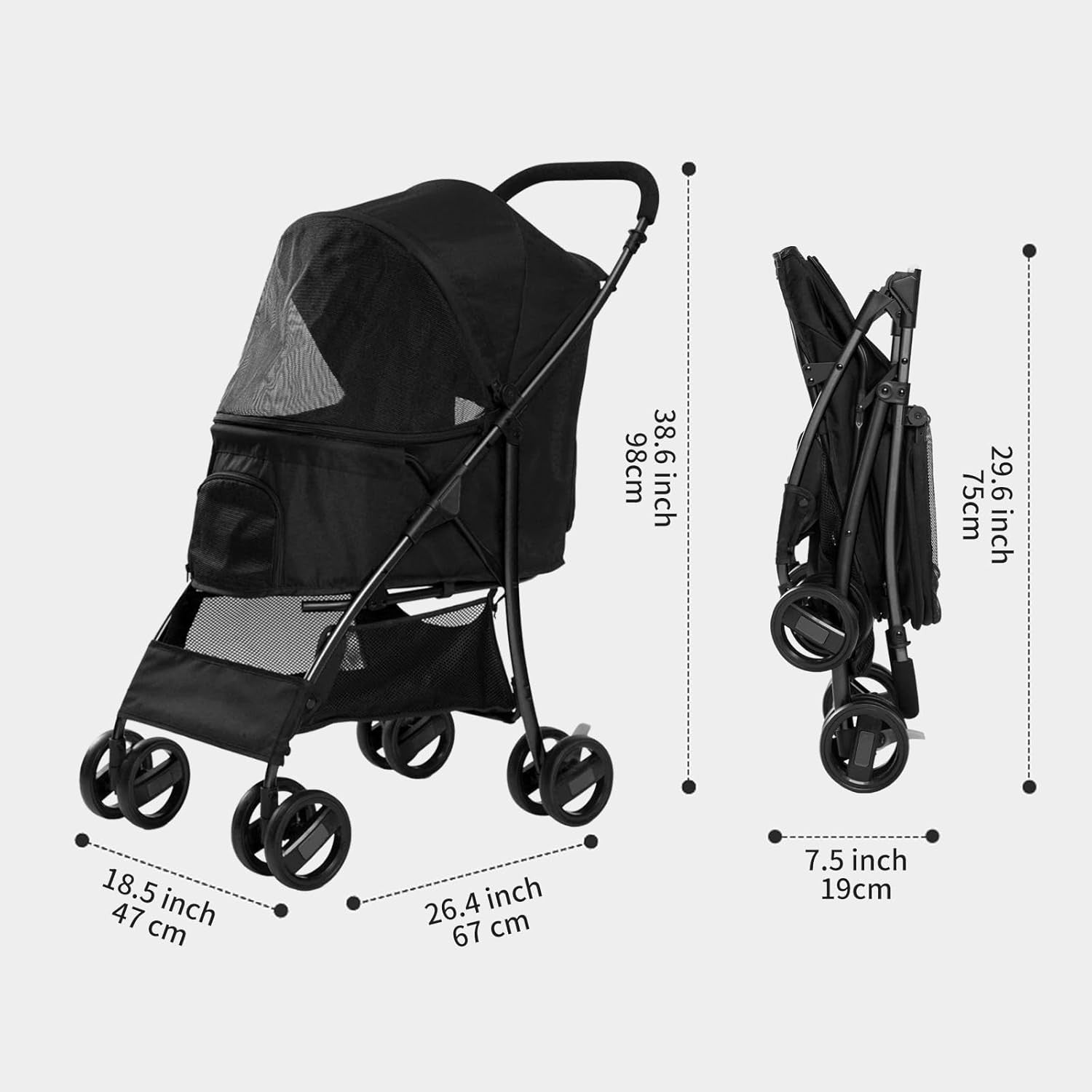 Pet Stroller for Small Dogs Cats Foldable Travel Pushchair Rain Cover