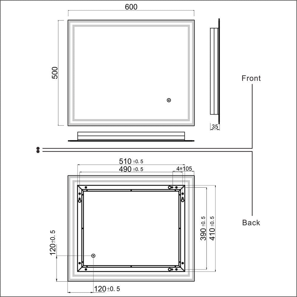 LED Bathroom Mirror 60x50cm Wall Vanity Demister Anti-Fog Touch Sensor
