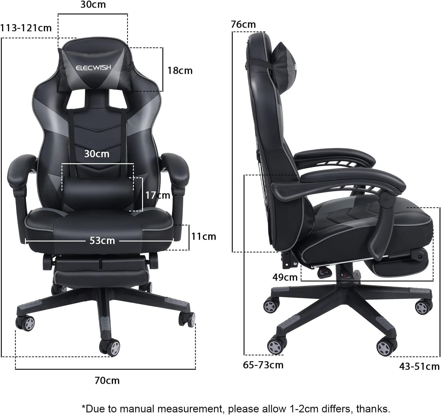 Gaming Chair with Massage & Footrest Reclining Ergonomic Grey