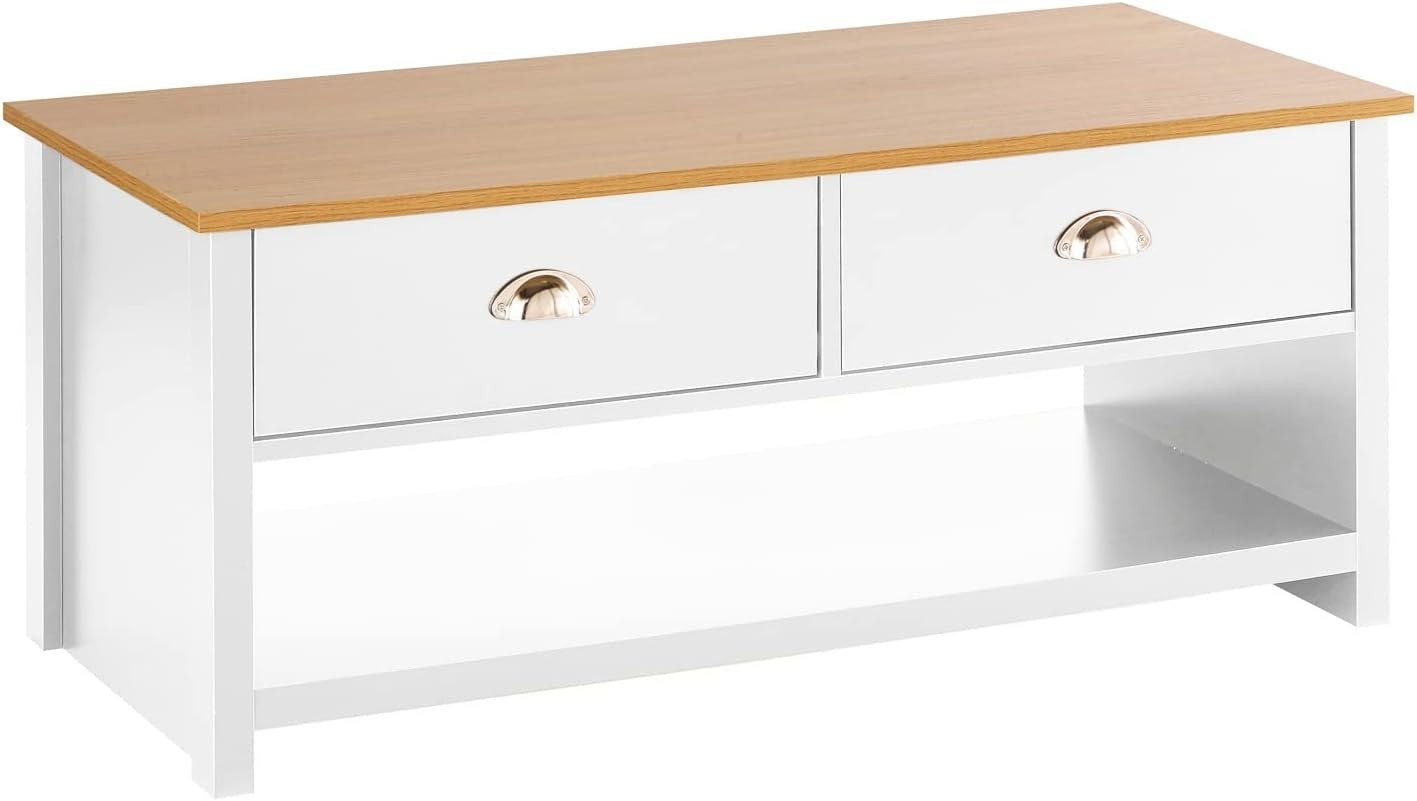 Modern White Coffee Table with Oak Effect Top & 2 Drawers Storage 100cm