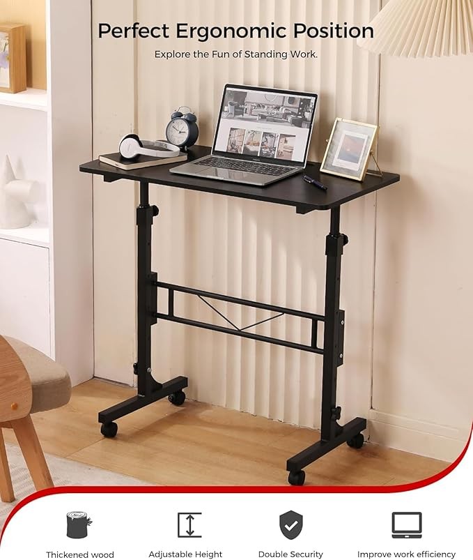 Adjustable Standing Desk Mobile Laptop Desk with Wheels 80x40cm Black