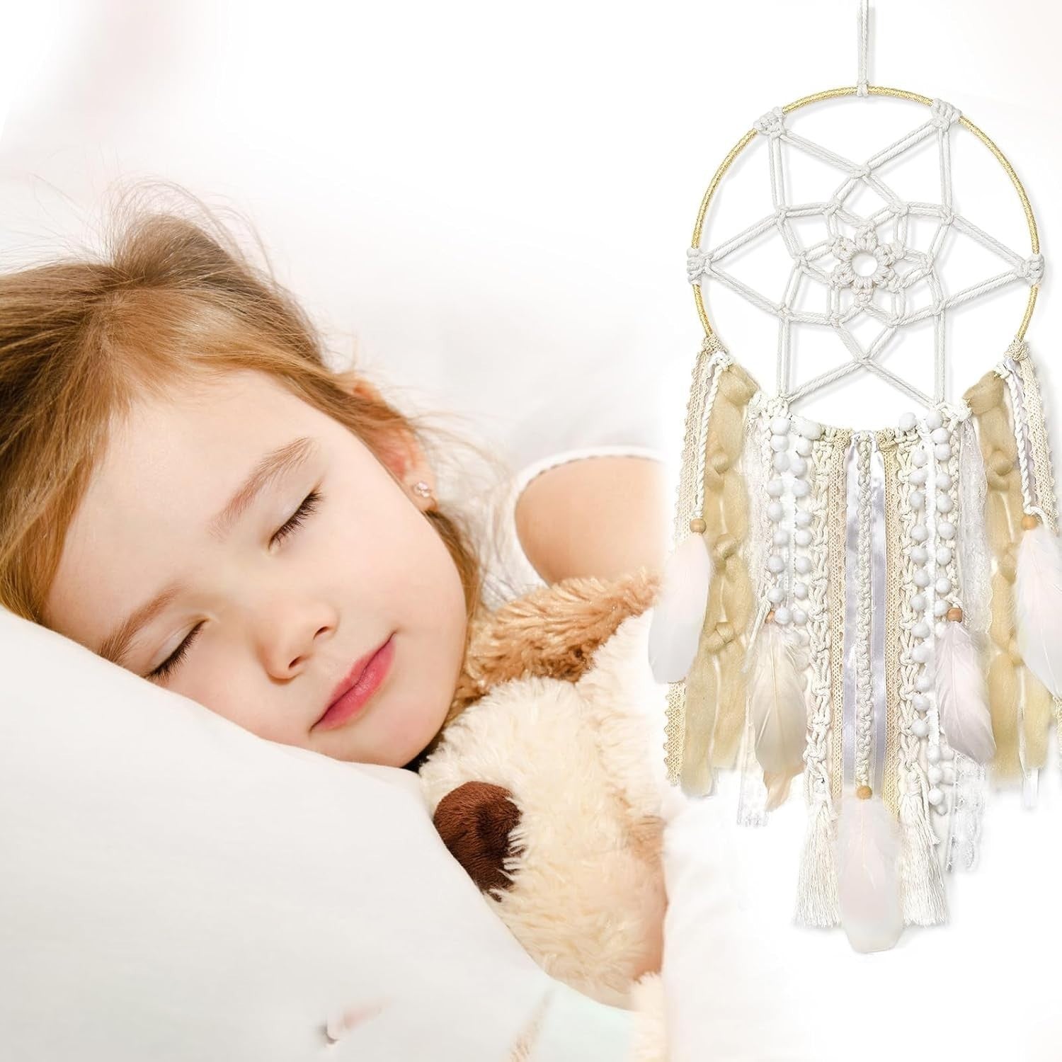Boho Dream Catcher 64cm Woven Beige Feather Wall Hanging Decor