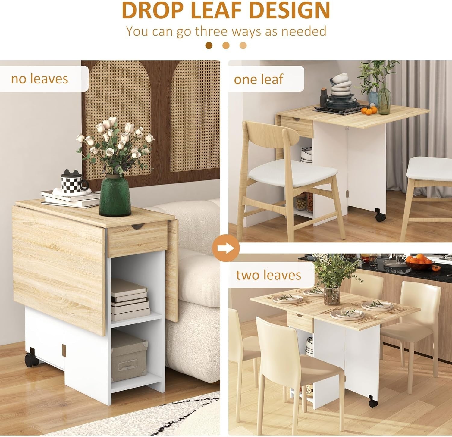 Folding Drop Leaf Dining Table with Drawer Shelves Oak Space Saver