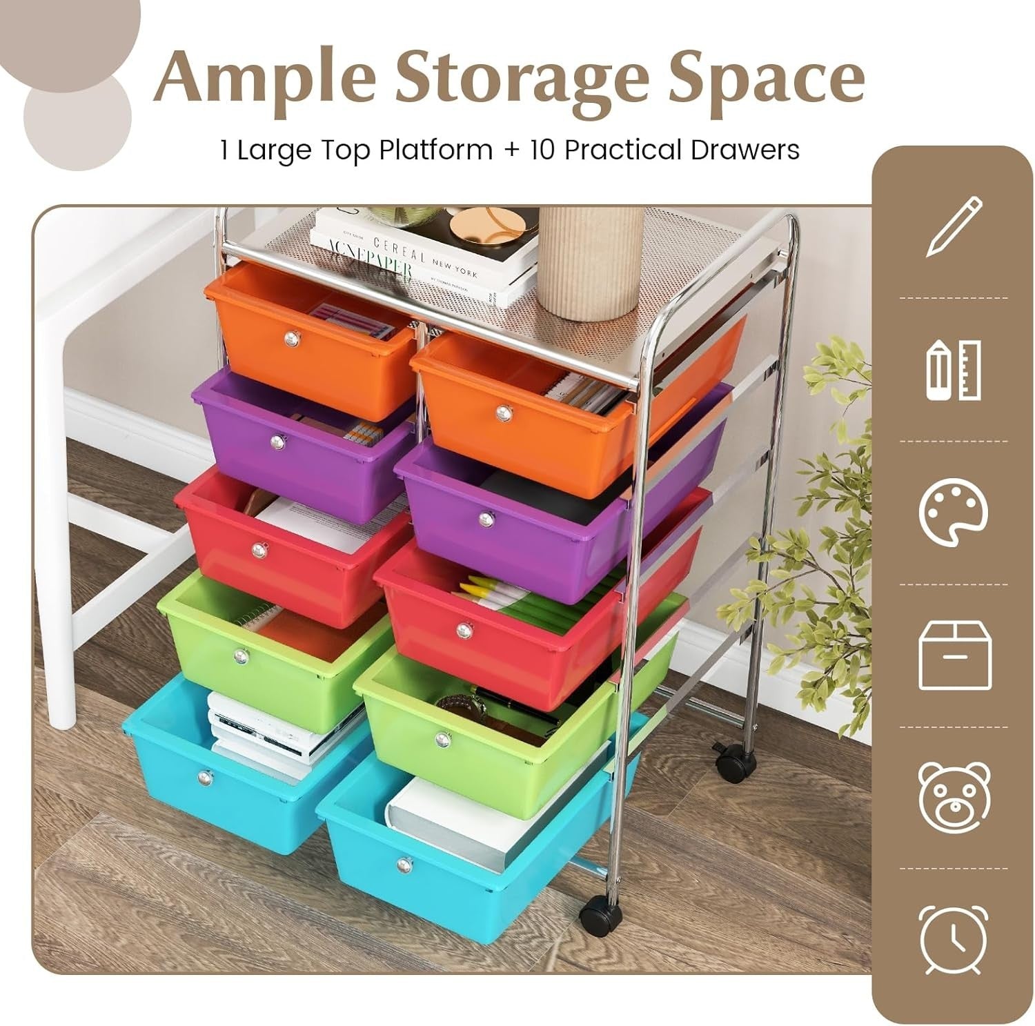 10 Drawer Multicolor Storage Cart Rolling Utility Organizer with Wheels