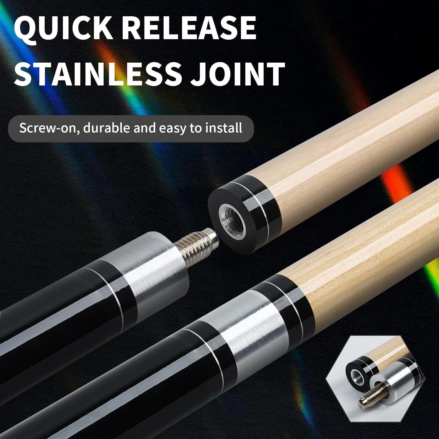 58in Maple Pool Cue 13mm Tip Linen Grip 19oz Stick + Gloves Chalk