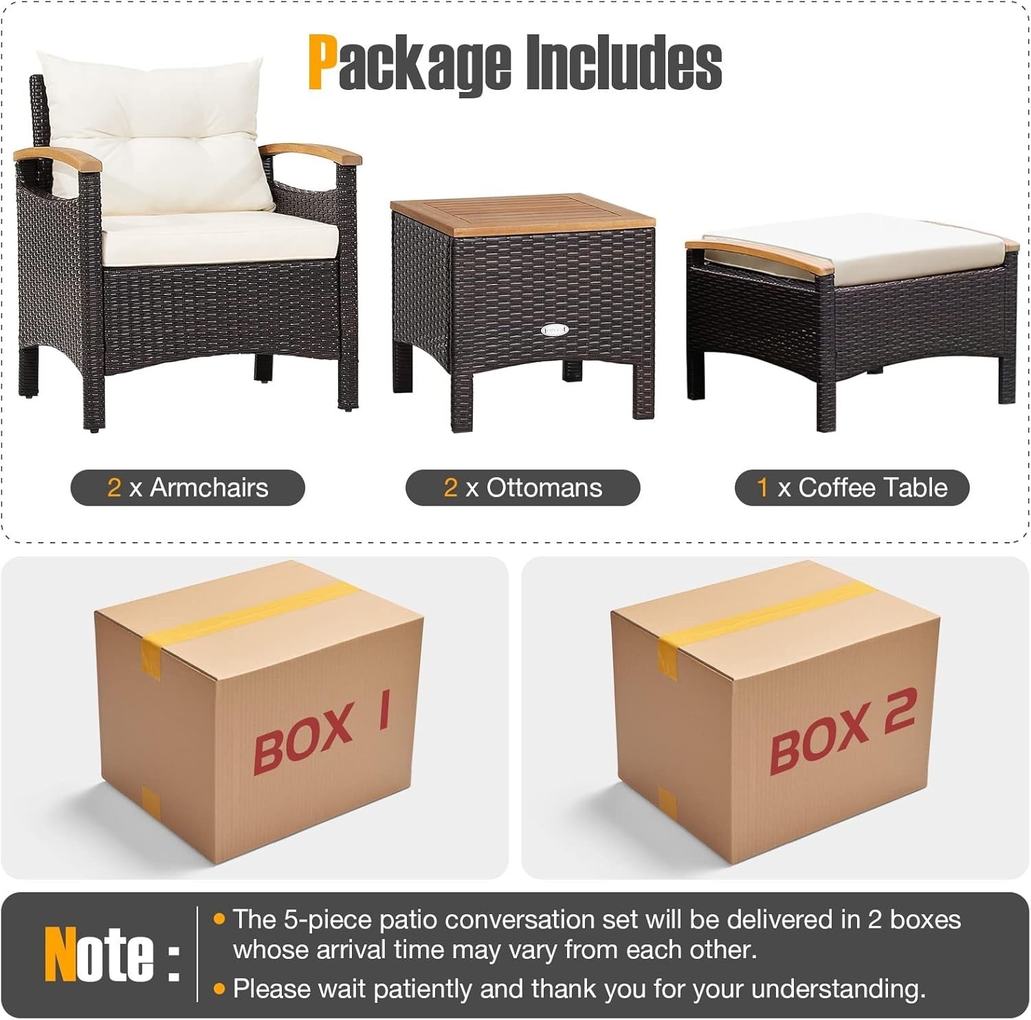 5-Piece Rattan Patio Lounge Set Reclining Chairs Ottomans Acacia Table