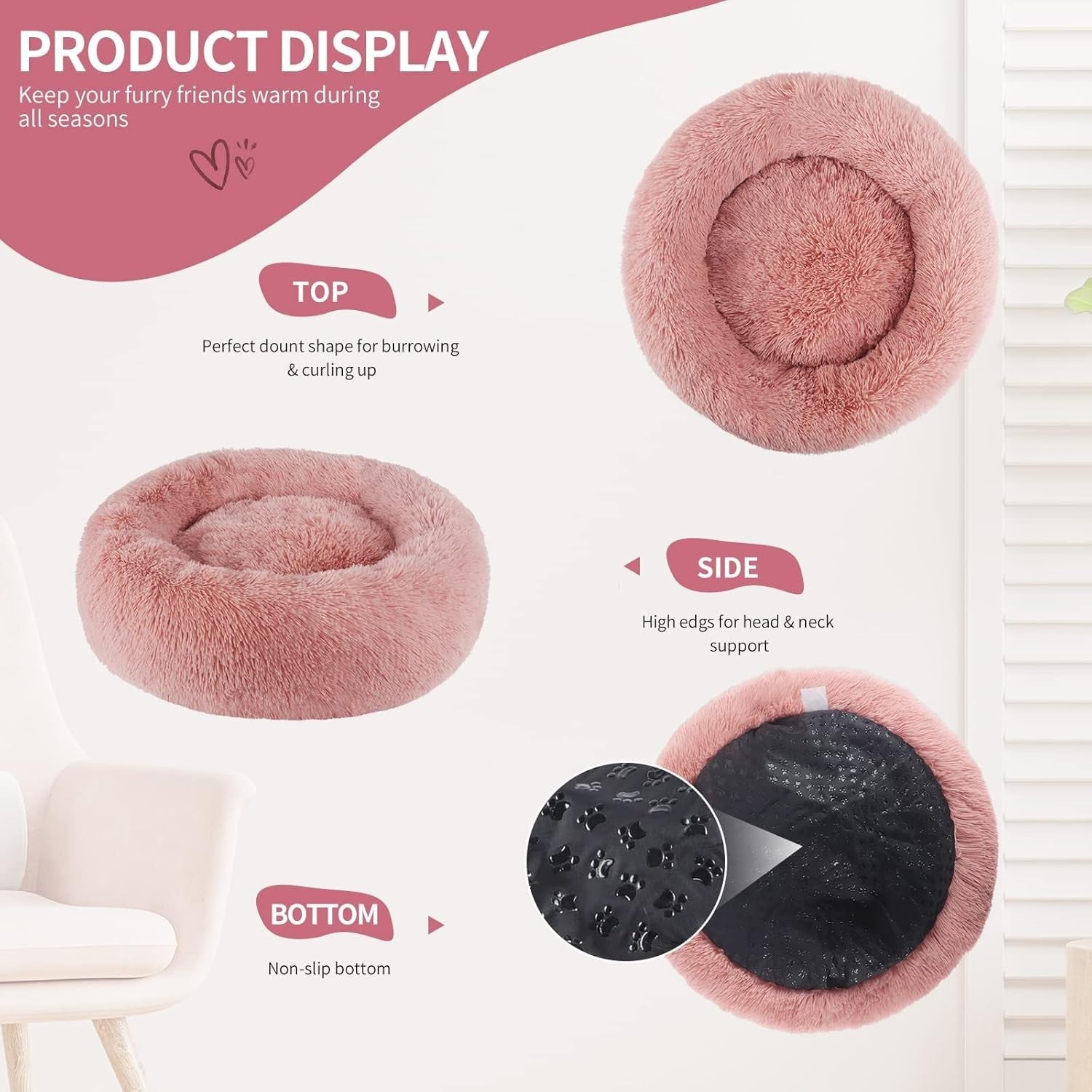80cm Calming Donut Dog Bed Plush Washable Bean Paste