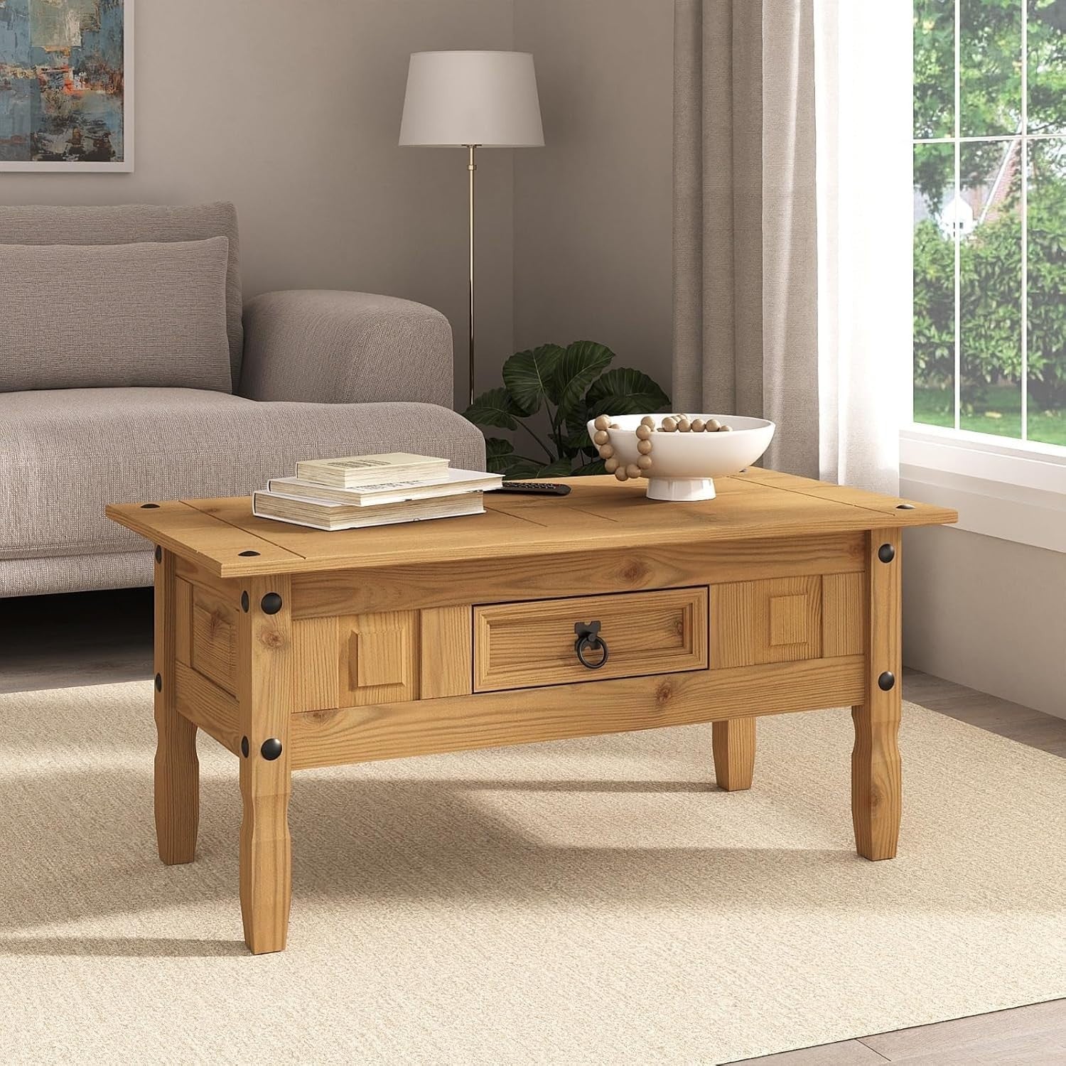 Solid Pine Coffee Table with Drawer & Wax Finish, Rectangular 95x50cm