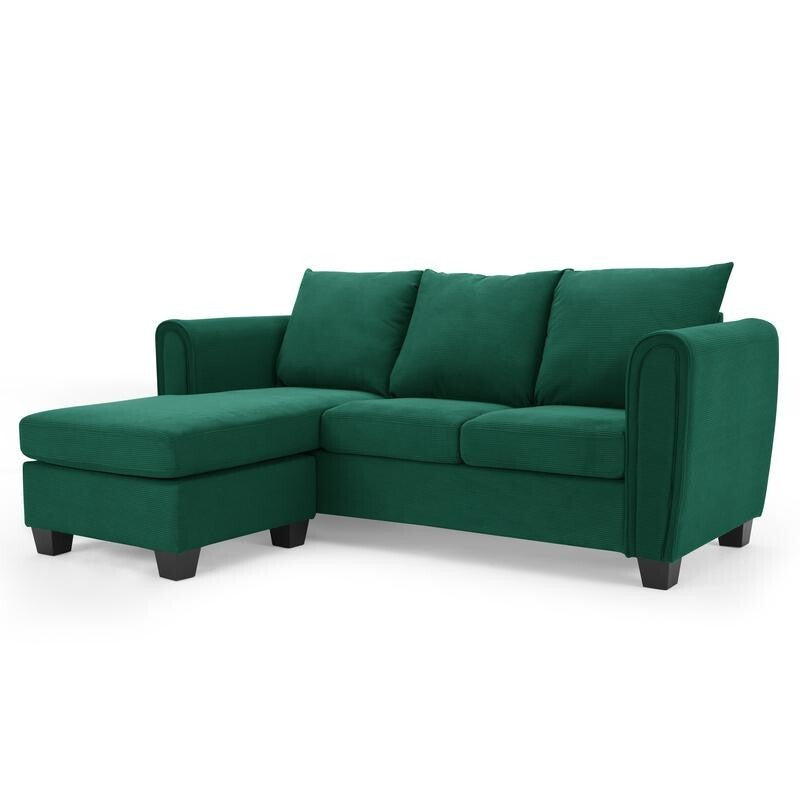 Green Cord 3 Seater Sofa with Chaise Reversible Corner Couch UK