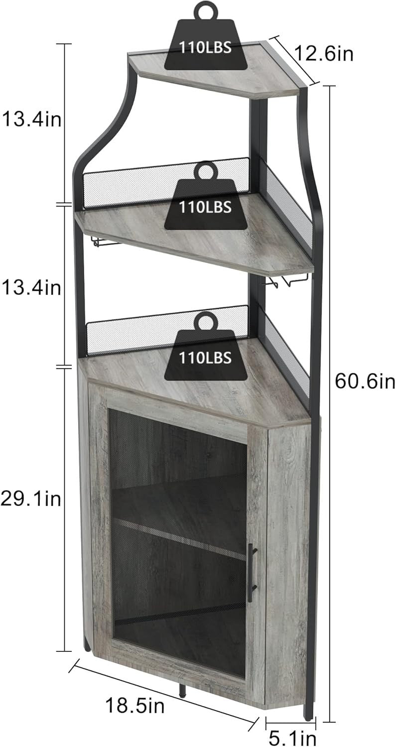 Corner Wine Cabinet with Glass Door & Removable Rack, Industrial Bar