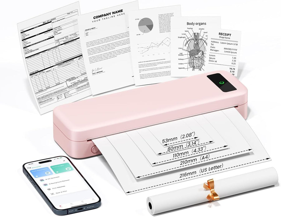 Portable A4 Thermal Printer Bluetooth Inkless 160 Sheets Pink