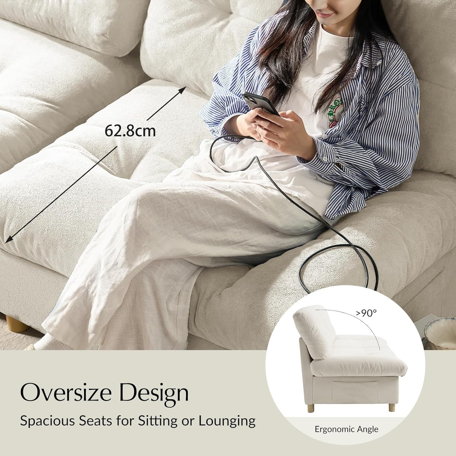 Beige 2 Seater Sofa Deep Seat Loveseat with Storage Modern Tufted Couch