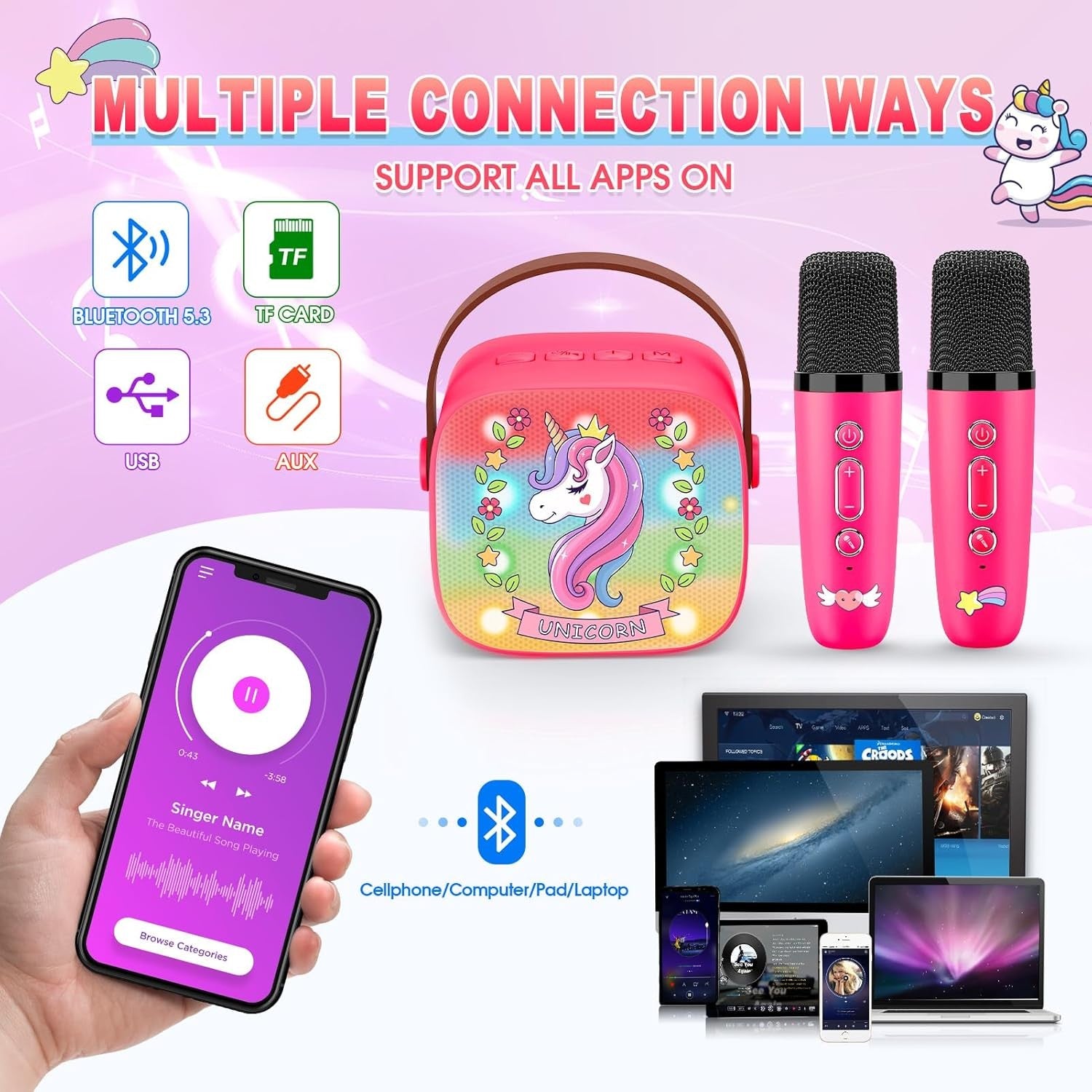 Mini Unicorn Karaoke Machine Kids Bluetooth Speaker 2 Mics