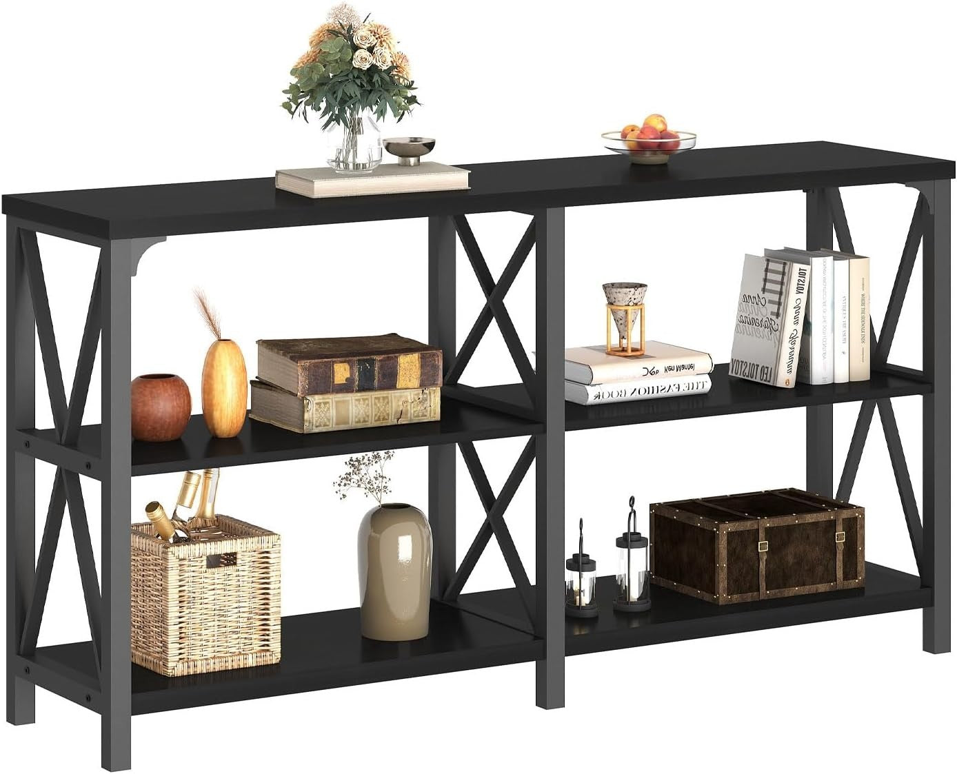 Black Oak Console Table 55” 3-Tier Shelf Metal Frame Entryway Storage
