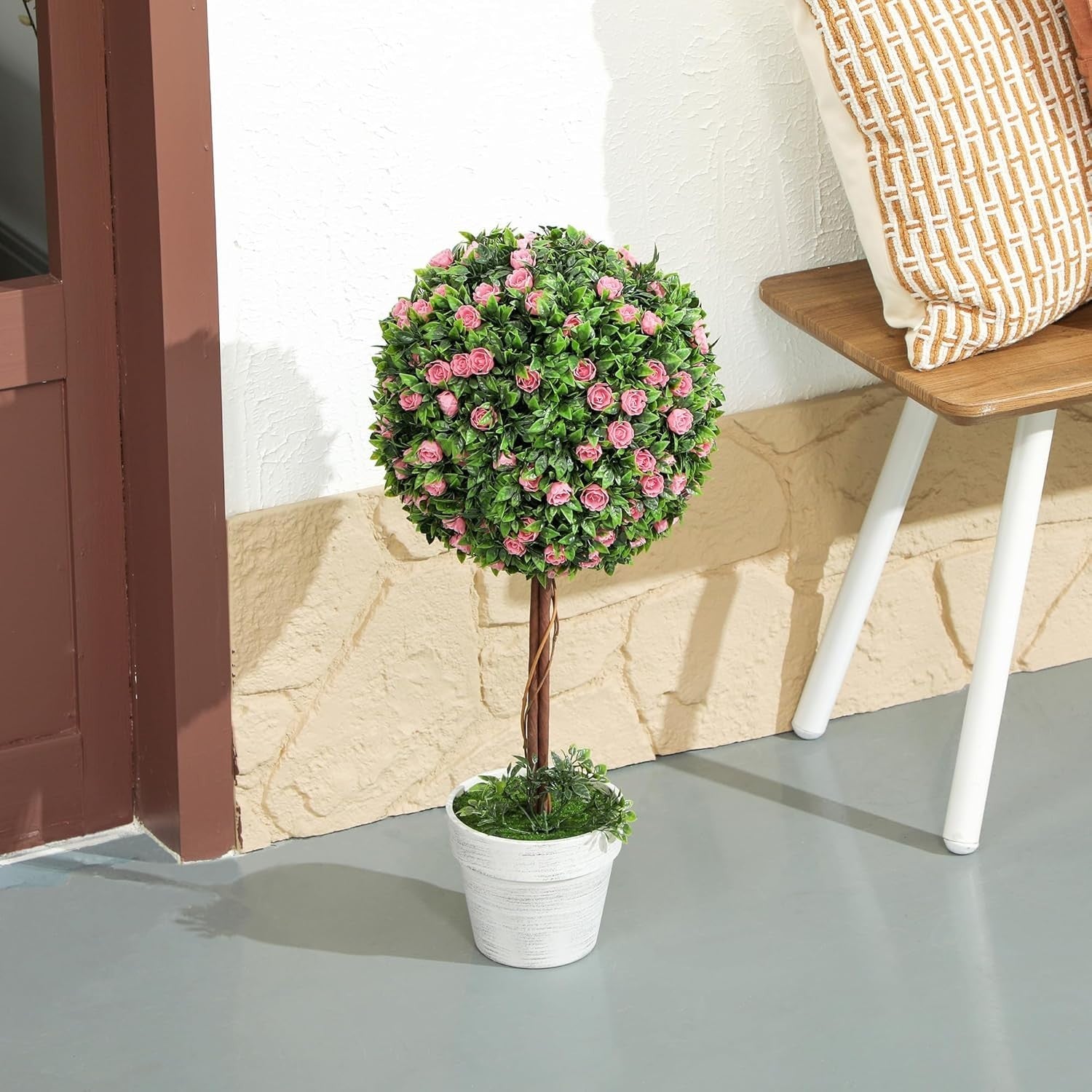 60cm Pink Rose Ball Topiary Trees Set of 2 in White Pot Floral Home Garden Decor