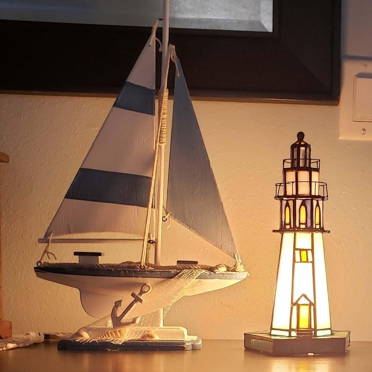 Lighthouse Table Lamp Stained Glass 15x15x28cm Accent Night Light