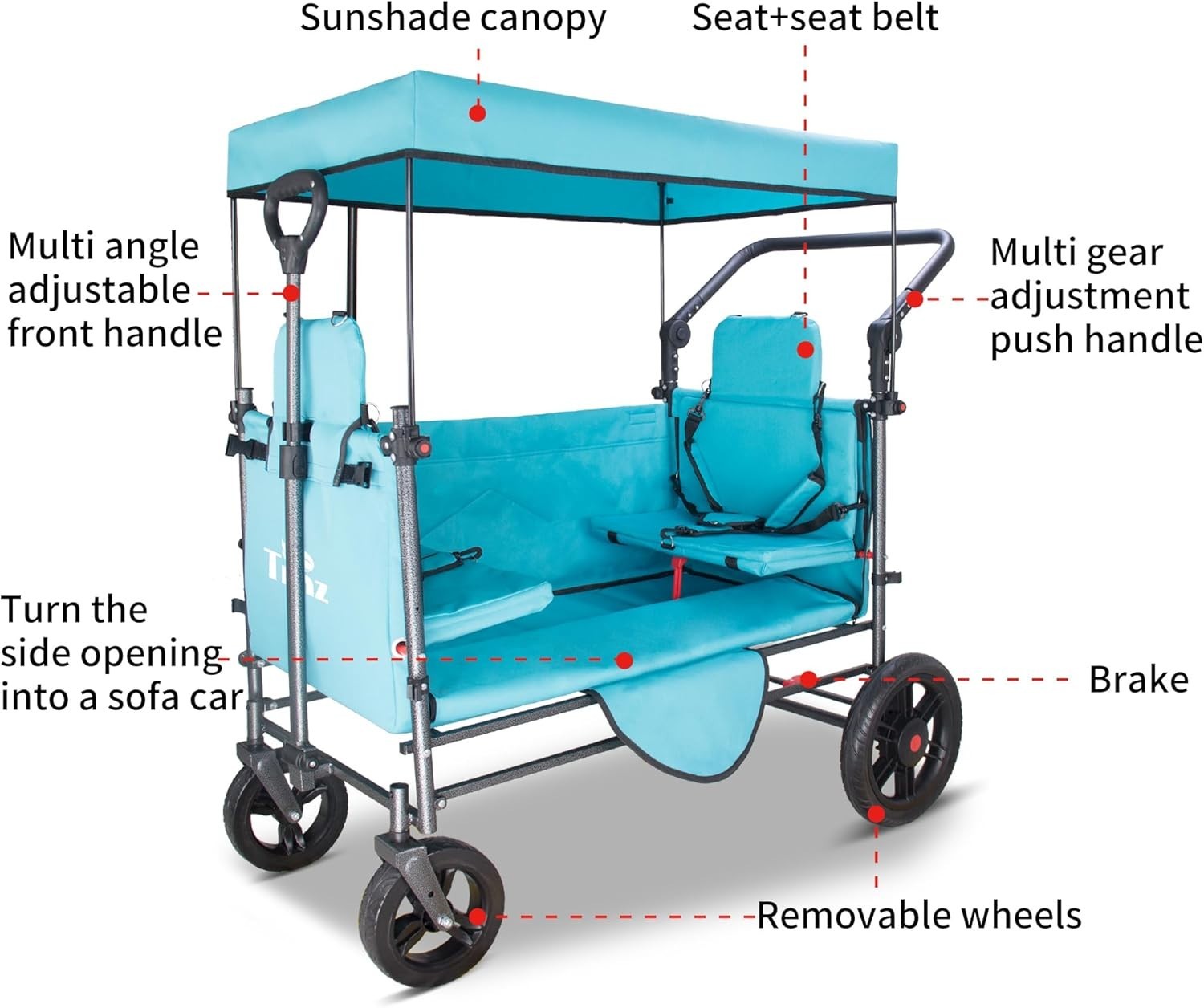 Side-Opening Folding Wagon 120kg Load w/ 2 Seats Canopy Big Wheels Brake