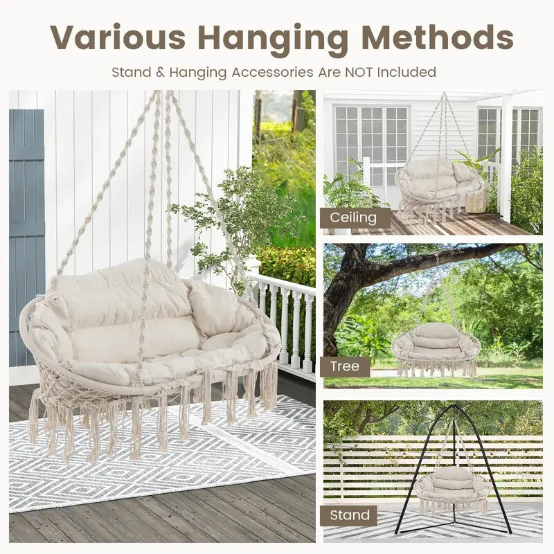 Rope Hanging Chair with Cushion & Folding Frame – 150kg Indoor Outdoor