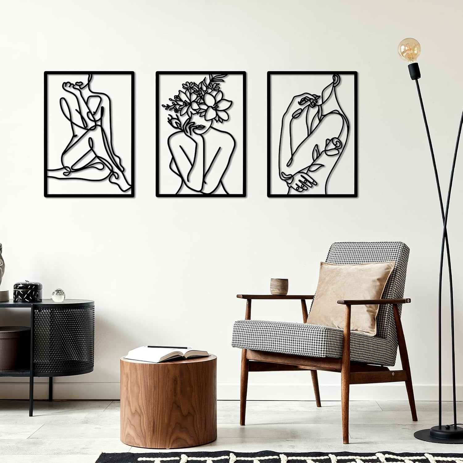 Black Metal Wall Art 3pc Abstract Female Line Panels