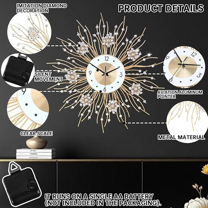 Large Sunflower Wall Clock 50cm Silent Modern Luxury Metal Crystal Home Decor