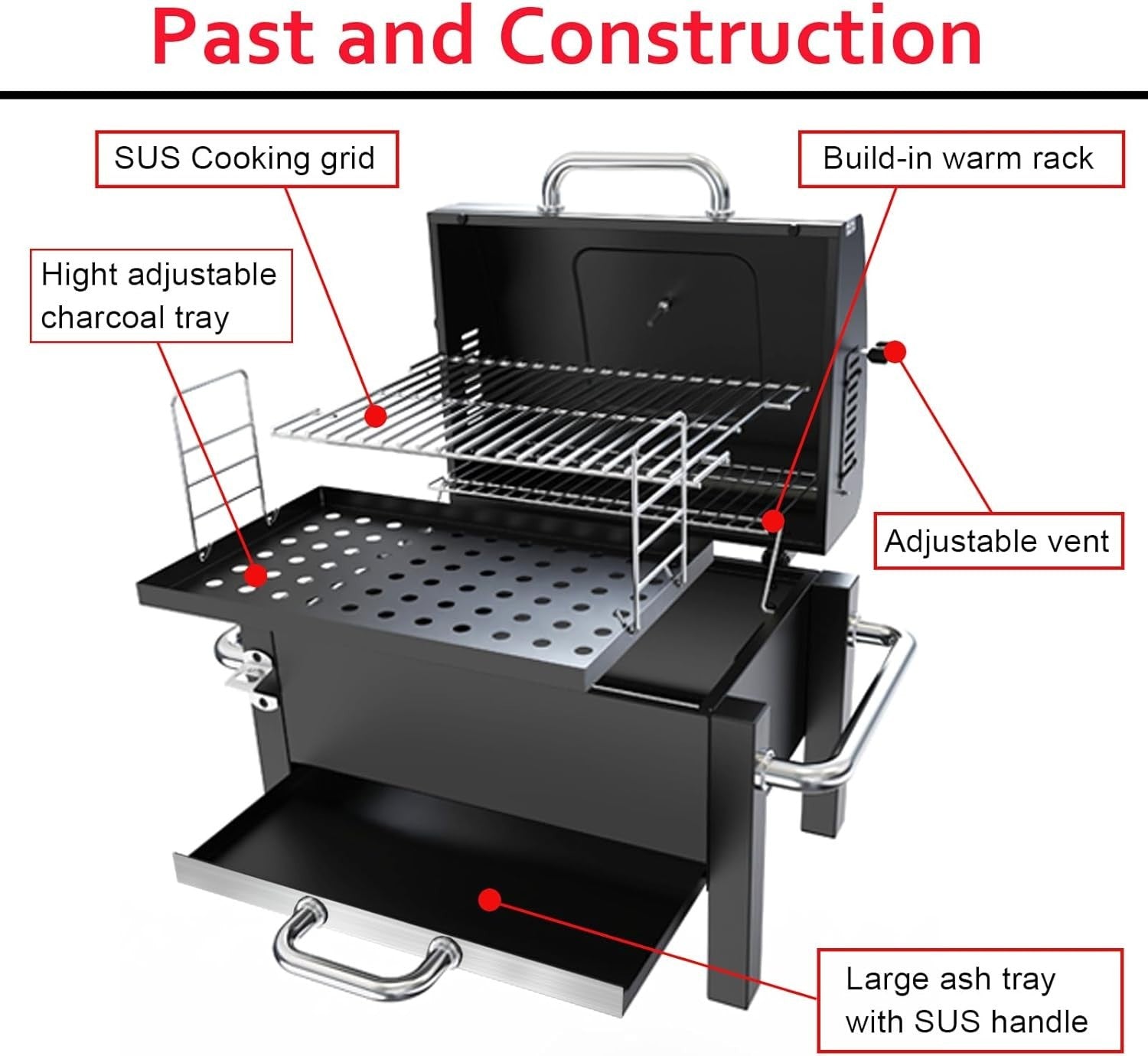 Portable Charcoal BBQ Grill with Warming Rack & Thermometer | Foldable Tabletop