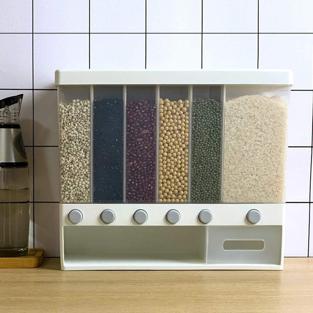 10KG Wall Mounted Rice Dispenser 6 Grid Cereal Storage Moisture Proof