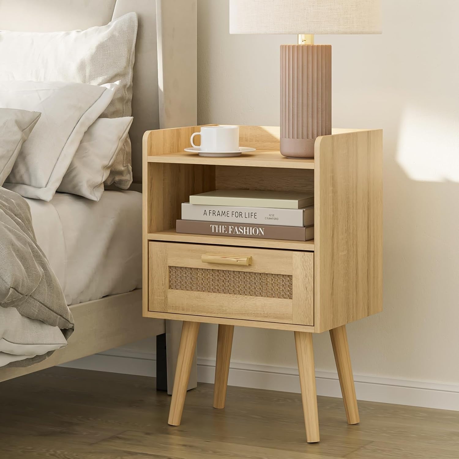 Rattan Bedside Table with Drawer & Shelf – Natural Wood Accent Nightstand